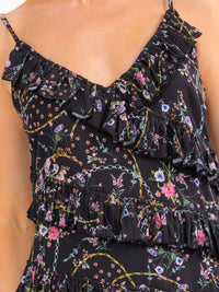 WOMEN'S SLEEVELESS V-NECK TIERED RUFFLE FLORAL MINI DRESS