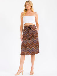 WOMEN'S ELASTIC WAIST SELF TIE MULTI PRINT MIDI SKIRT