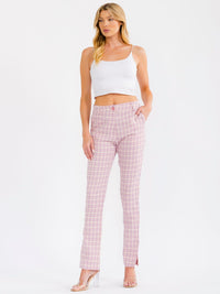 WOMEN'S BUTTON CLOSURE POCKETS SLIT STRAIGHT LEG PLAID PANTS