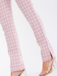 WOMEN'S BUTTON CLOSURE POCKETS SLIT STRAIGHT LEG PLAID PANTS