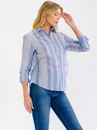 WOMEN'S LONG SLEEVE BUTTON UP OPEN BACK STRIPES SHIRT