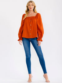 WOMEN'S LONG SLEEVE SQUARE NECK BUTTON DETAILED TUNIC BLOUSE