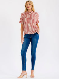WOMEN'S SHORT SLEEVE BUTTON UP COLORBLOCK STRIPES BLOUSE
