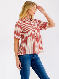 WOMEN'S SHORT SLEEVE BUTTON UP COLORBLOCK STRIPES BLOUSE