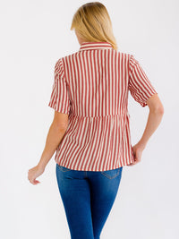 WOMEN'S SHORT SLEEVE BUTTON UP COLORBLOCK STRIPES BLOUSE