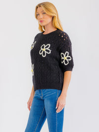 WOMEN'S SHORT SLEEVE FLOWER CROCHET SWEATER TOP