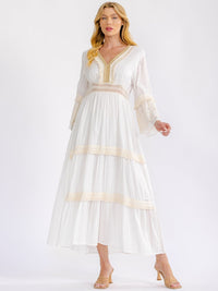 WOMEN'S LONG BELL SLEEVE V-NECK TIERED CROCHET LACE MAXI DRESS