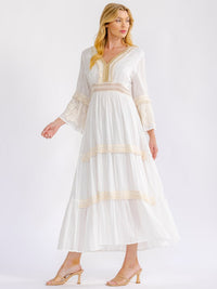 WOMEN'S LONG BELL SLEEVE V-NECK TIERED CROCHET LACE MAXI DRESS