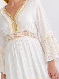 WOMEN'S LONG BELL SLEEVE V-NECK TIERED CROCHET LACE MAXI DRESS