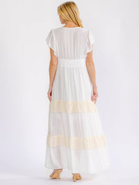 WOMEN'S SHORT SLEEVE ELASTIC WAIST TIERED CROCHET LACE MAXI DRESS
