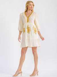 WOMEN'S 3/4 V-NECK SEQUINS CROCHET FLOWERS MINI DRESS