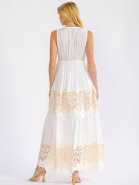 WOMEN'S SLEEVELESS ELASTIC WAIST V-NECK TIERED CROCHET LACE MAXI DRESS