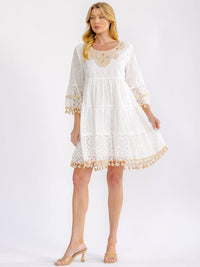 WOMEN'S 3/4 SLEEVE TIERED CROCHET LOOSE FIT MINI DRESS