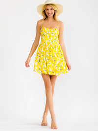 WOMEN'S SLEEVELESS FRONT POCKETS FIT & FLARE LEMON PRINT MINI DRESS