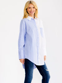 WOMEN'S LONG SLEEVE BUTTON UP FRONT POCKET HIGH-LOW COLORBLOCK STRIPES OVERSIZED SHIRT