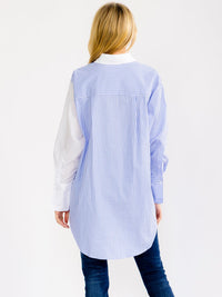 WOMEN'S LONG SLEEVE BUTTON UP FRONT POCKET HIGH-LOW COLORBLOCK STRIPES OVERSIZED SHIRT