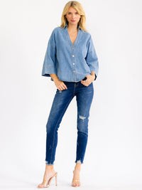 WOMEN'S SHORT BELL SLEEVE V-NECK BUTTON UP DENIM TOP