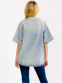 WOMEN'S SHORT SLEEVE BUTTON UP GRAPHIC WASHED DENIM TOP