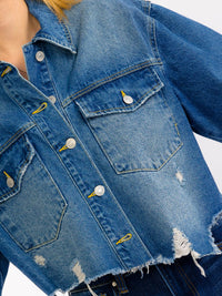 WOMEN'S LONG SLEEVE BUTTON UP POCKETS DENIM WASHED DISTRESS JACKET