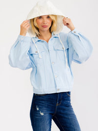 WOMEN'S LONG SLEEVE BUTTON UP POCKETS REMOVABLE HOODIE DENIM JACKET