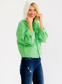 WOMEN'S LONG SLEEVE BUTTON UP POCKETS REMOVABLE HOODIE DENIM JACKET