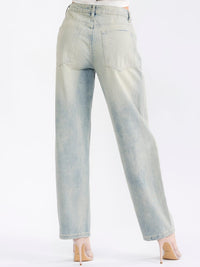 WOMEN'S BUTTON CLOSURE POCKETS STRAIGHT LEG WASHED DENIM PANTS