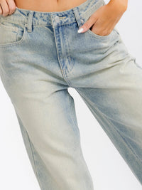 WOMEN'S BUTTON CLOSURE POCKETS STRAIGHT LEG WASHED DENIM PANTS