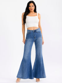 WOMEN'S BUTTON CLOSURE POCKETS BELL LEG WASHED DENIM PANTS