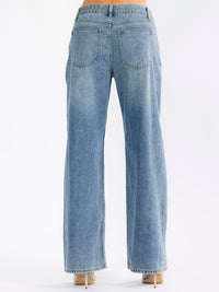 WOMEN'S BUTTON CLOSURE POCKETS STUDS DETAILED WIDE LEG WASHED DENIM PANTS
