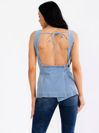 WOMEN'S SLEEVELESS SQUARE NECK OPEN BACK STRETCH DENIM TANK TOP
