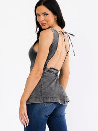 WOMEN'S SLEEVELESS SQUARE NECK OPEN BACK STRETCH DENIM TANK TOP