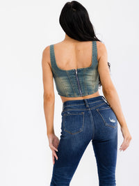WOMEN'S SLEEVELESS WASHED STRETCH DENIM CROP TOP