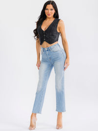 WOMEN'S SLEEVELESS V-NECK BUTTON UP DENIM CROP TOP