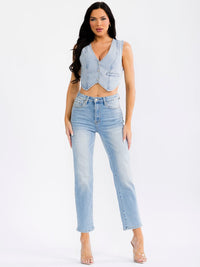 WOMEN'S SLEEVELESS V-NECK BUTTON UP DENIM CROP TOP