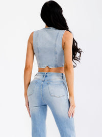 WOMEN'S SLEEVELESS V-NECK BUTTON UP DENIM CROP TOP