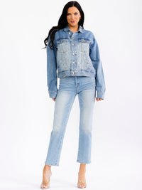 WOMEN'S LONG SLEEVE BUTTON UP POCKETS DENIM WASHED STUDS JACKET