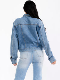 WOMEN'S LONG SLEEVE BUTTON UP POCKETS DENIM WASHED STUDS JACKET