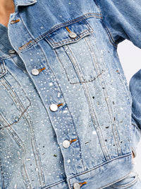 WOMEN'S LONG SLEEVE BUTTON UP POCKETS DENIM WASHED STUDS JACKET