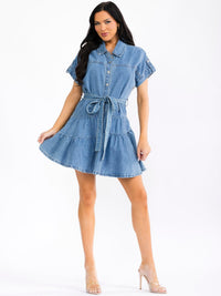 WOMEN'S SHORT SLEEVE BUTTON UP SELF TIE TIERED DENIM MINI DRESS