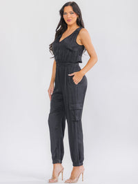 WOMEN'S SLEEVELESS V-NECK FRONT POCKETS BACK CUT OUT JOGGER LEG JUMPSUIT