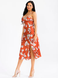 WOMEN'S SLEEVELESS V-NECK FRONT SLIT FLORAL MIDI DRESS