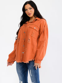 WOMEN'S LONG SLEEVE BUTTON UP FRONT POCKETS DENIM DISTRESS SHACKET