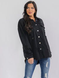 WOMEN'S LONG SLEEVE BUTTON UP FRONT POCKETS DENIM DISTRESS SHACKET