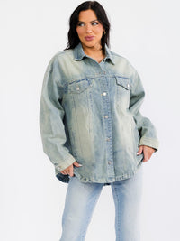 WOMEN'S LONG SLEEVE BUTTON UP POCKETS DENIM WASHED JACKET