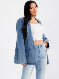 WOMEN'S LONG SLEEVE BUTTON UP POCKETS DENIM DISTRESS BLAZER