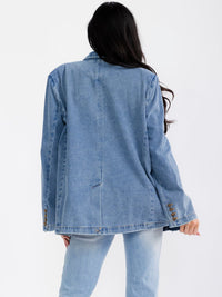 WOMEN'S LONG SLEEVE BUTTON UP POCKETS DENIM DISTRESS BLAZER