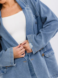 WOMEN'S LONG SLEEVE BUTTON UP POCKETS DENIM DISTRESS BLAZER