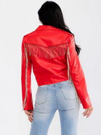 WOMEN'S LONG SLEEVE ZIP UP FRONT POCKETS STUD FRINGE PU PLEATHER JACKET