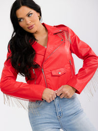 WOMEN'S LONG SLEEVE ZIP UP FRONT POCKETS STUD FRINGE PU PLEATHER JACKET