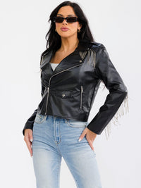 WOMEN'S LONG SLEEVE ZIP UP FRONT POCKETS STUD FRINGE PU PLEATHER JACKET